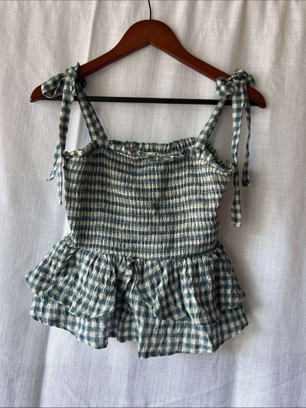 Gingham Smocked Tie-Shoulder Peplum Cami - Blue/White